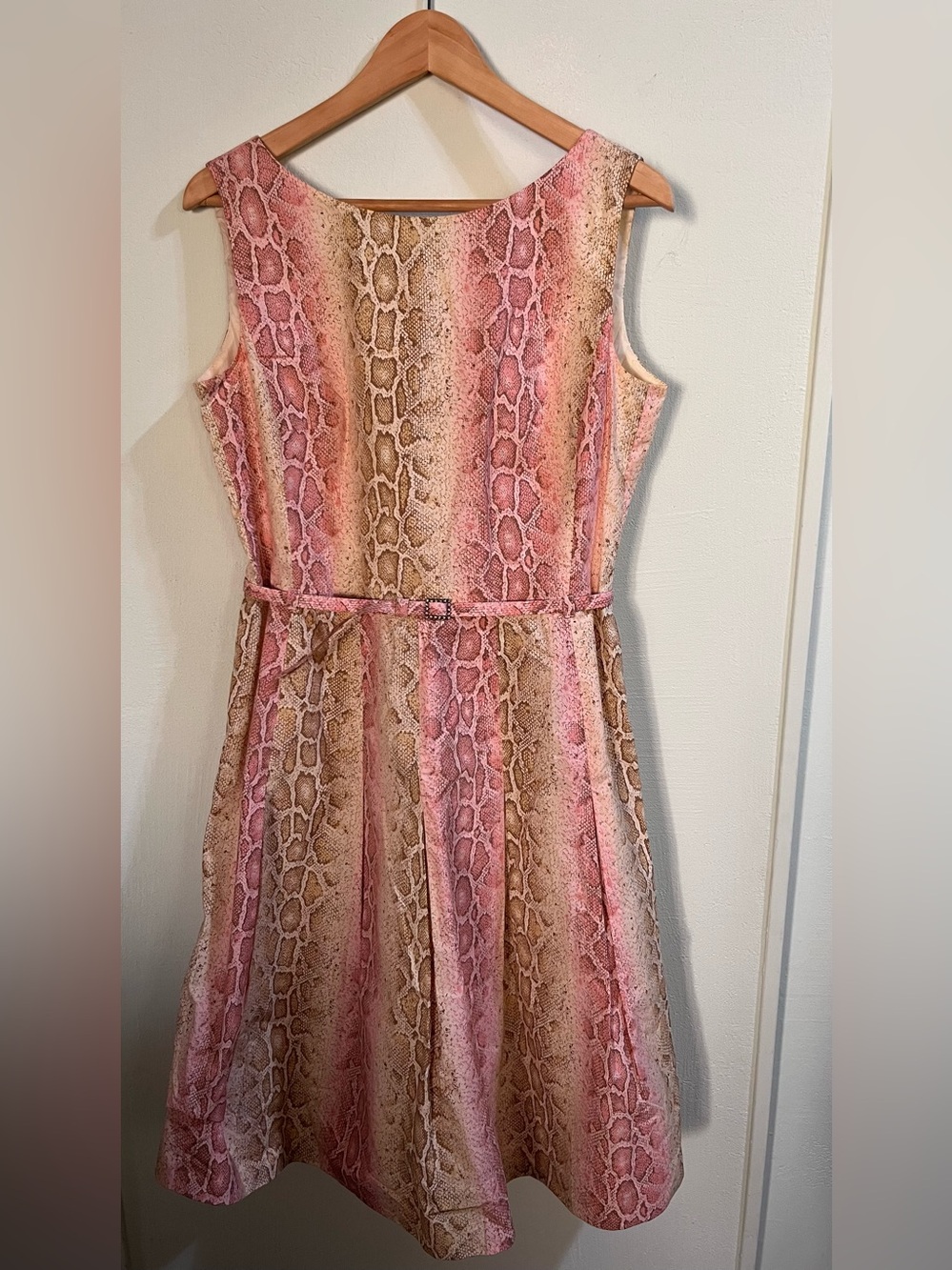 Vintage Sonia Bogner German Made Sleeveless Snake-Print A-Line Dress Pink & Tan